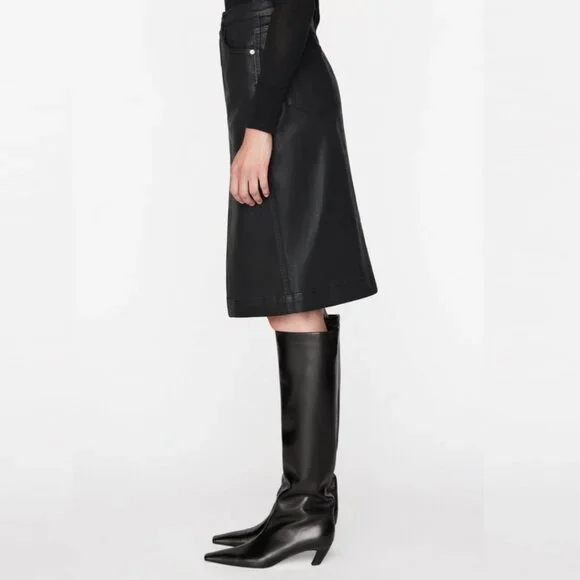 FRAME Split-Hem Coated Midi Skirt (Noir Coated Black)